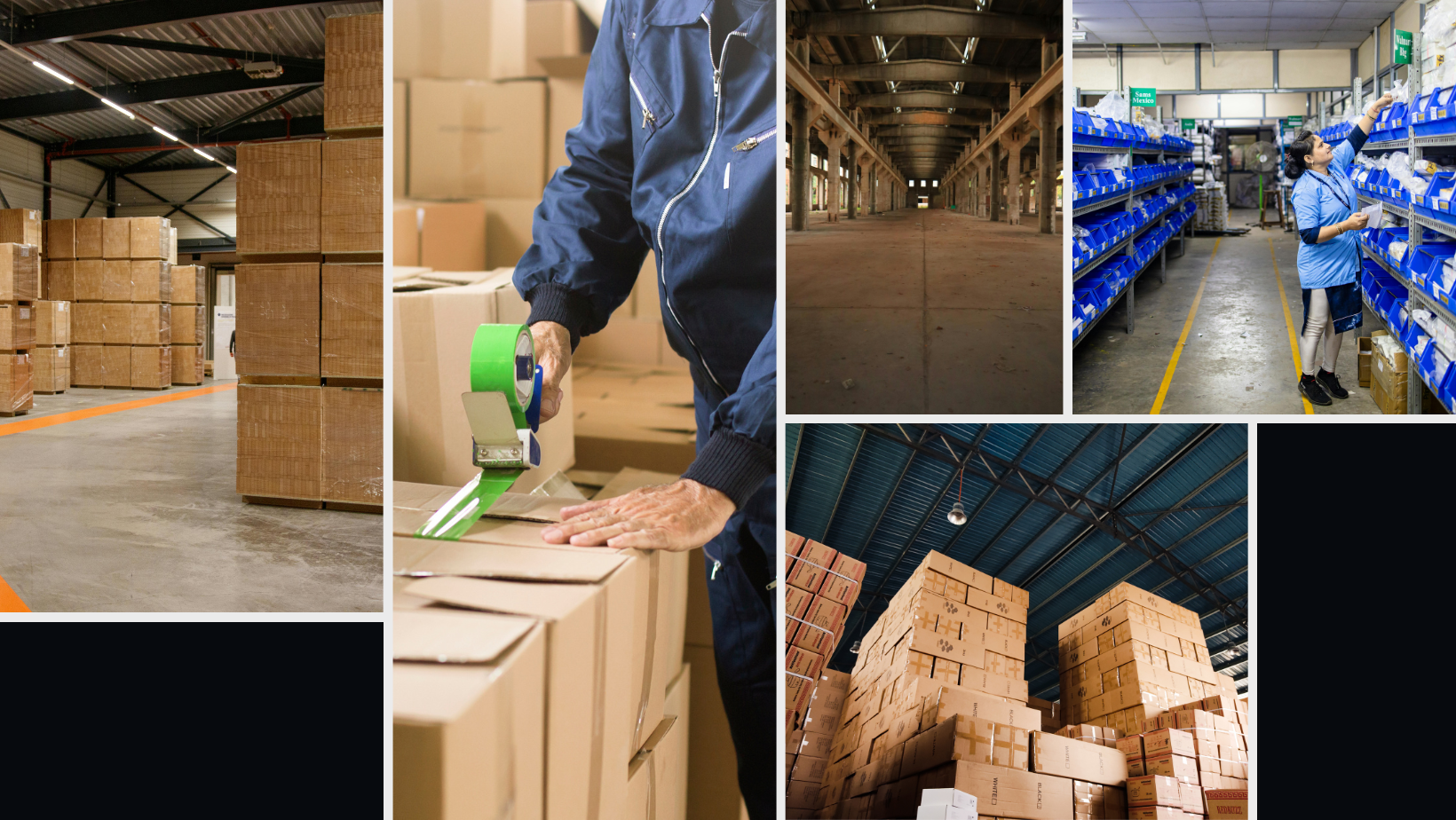 Warehouse scenes: Boxes stacked, worker sealing, empty aisle, shelves of parts, and more boxes.