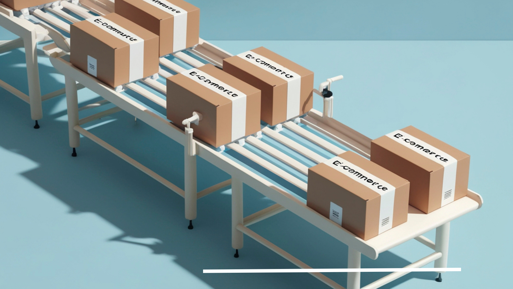 Boxes with labels on a conveyor belt, light blue background.