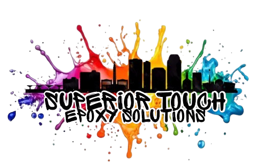 Colorful logo for Superior Touch Epoxy Solutions with paint splashes and city skyline silhouette