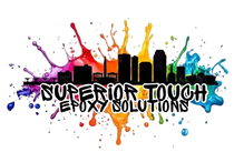 Colorful logo for Superior Touch Epoxy Solutions with paint splashes and city skyline silhouette