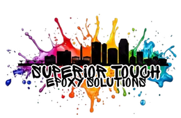 Colorful logo for Superior Touch Epoxy Solutions with paint splashes and city skyline silhouette