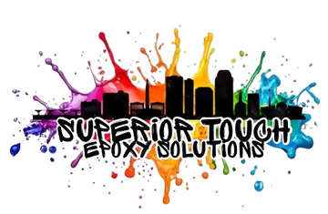 Colorful logo for Superior Touch Epoxy Solutions with paint splashes and city skyline silhouette