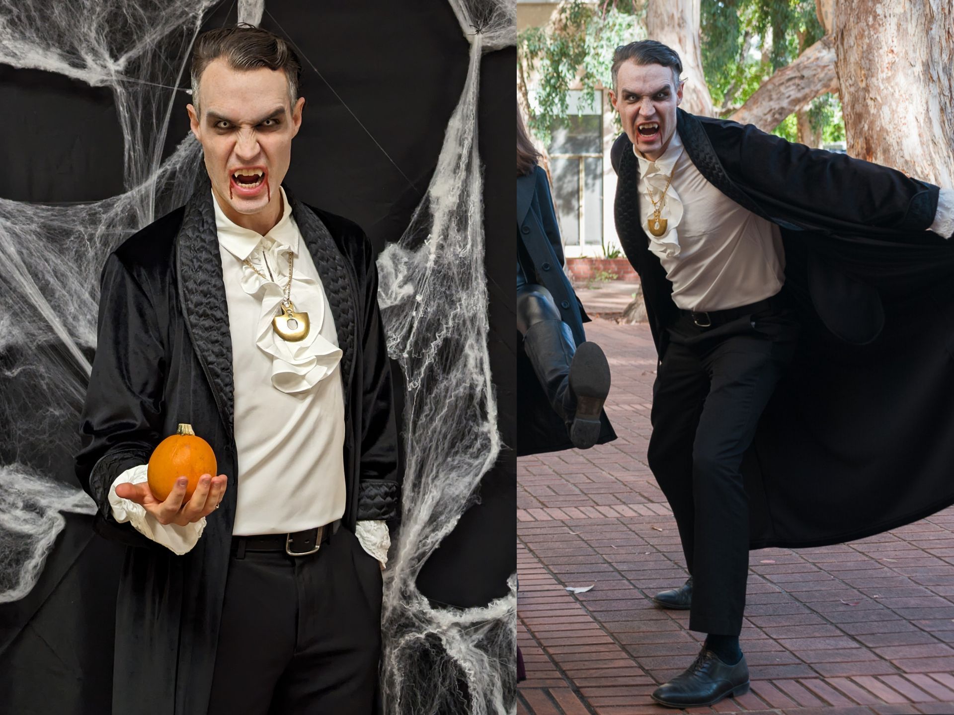 Two photos: man in vampire costume, menacing expression, holding pumpkin and walking.