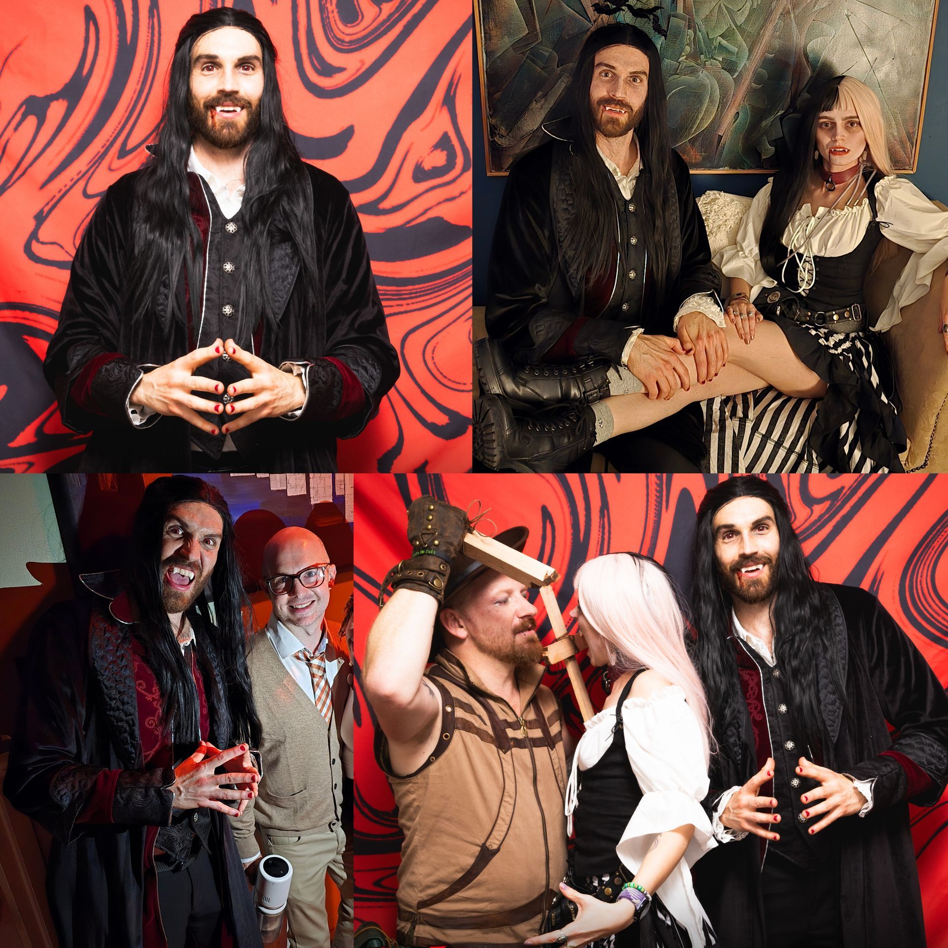 Four photos of a man dressed as a vampire posing with various people, red and black patterned backdrop.