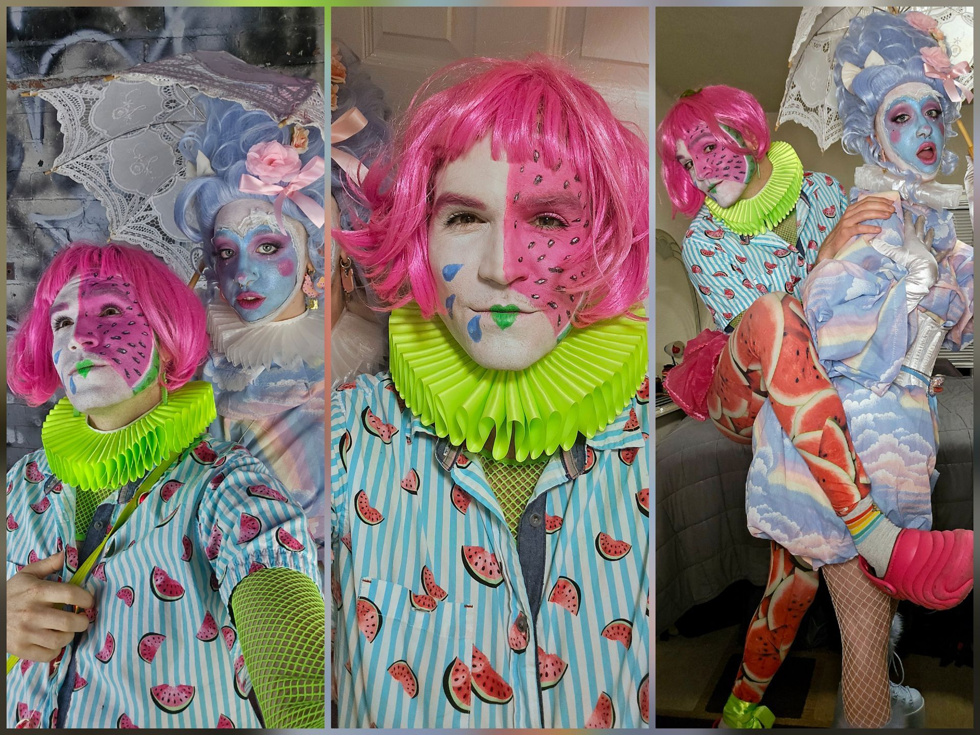 Three panels of Craig with pink hair and clown makeup, wearing a watermelon-print outfit with a neon green ruffled collar.