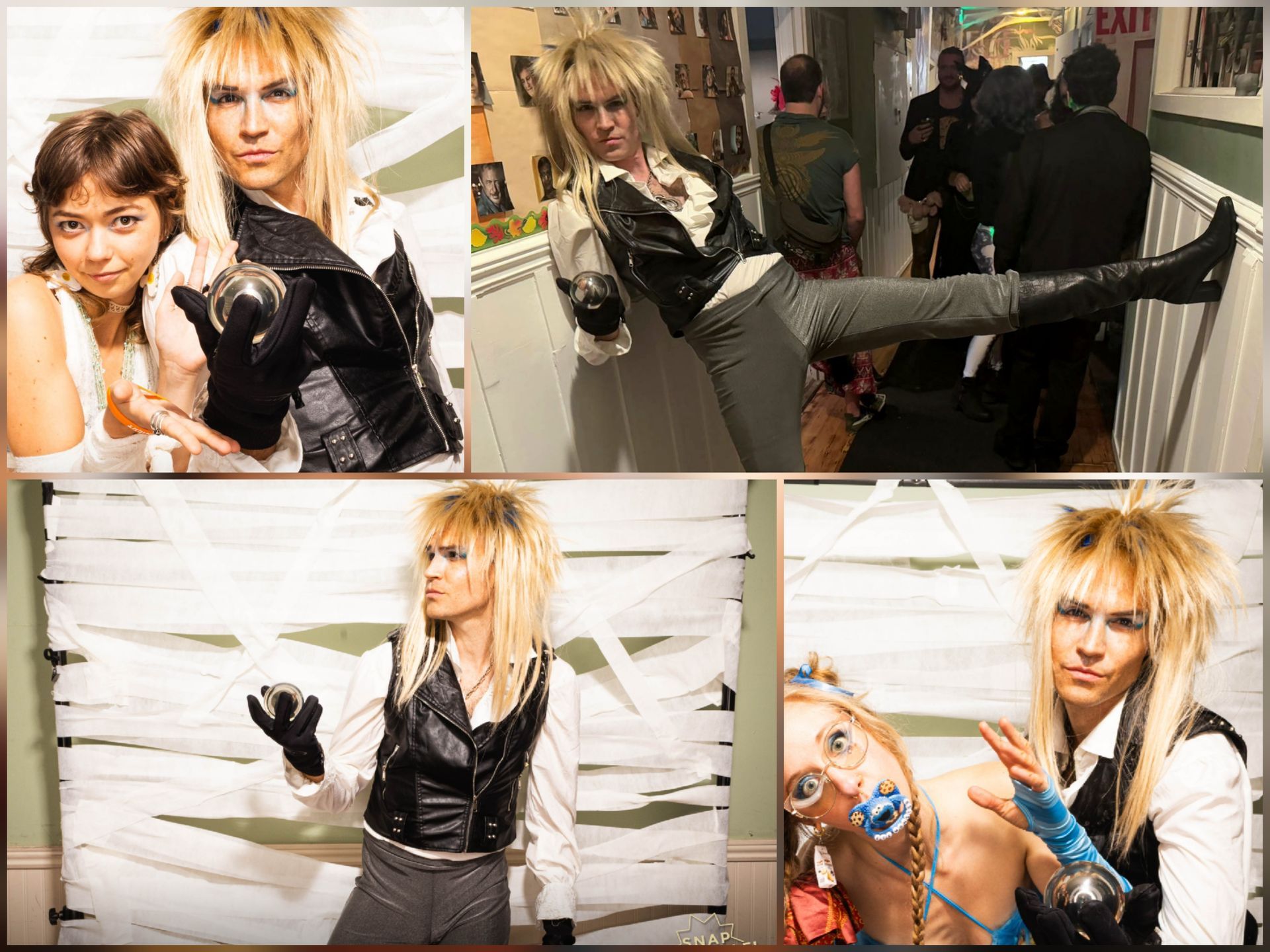 Craig dressed as characters from the movie Labyrinth: a blonde-haired Jareth