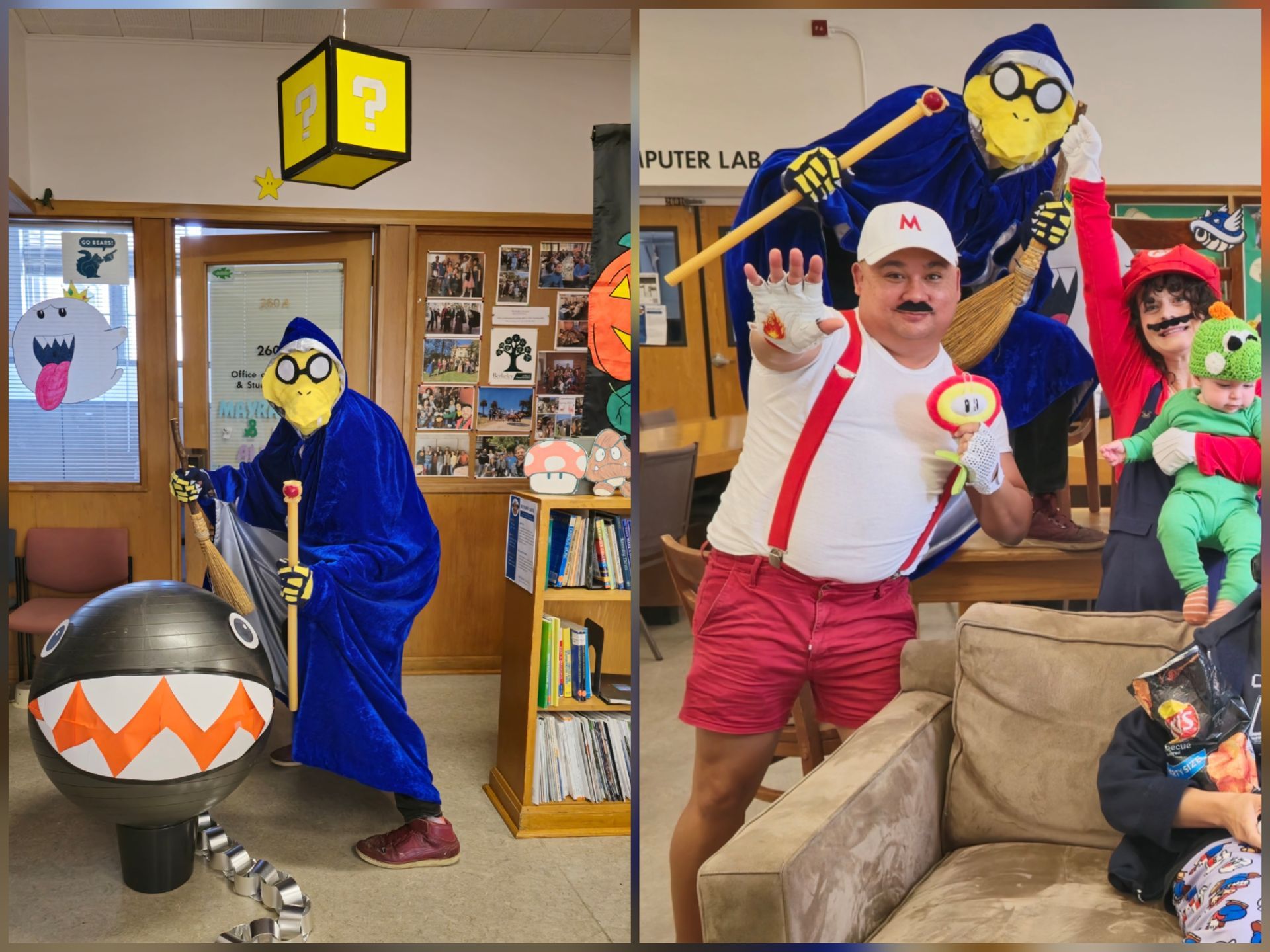 Costumed people posing. One in a blue robe, a Mario, and a baby, all in a library setting.