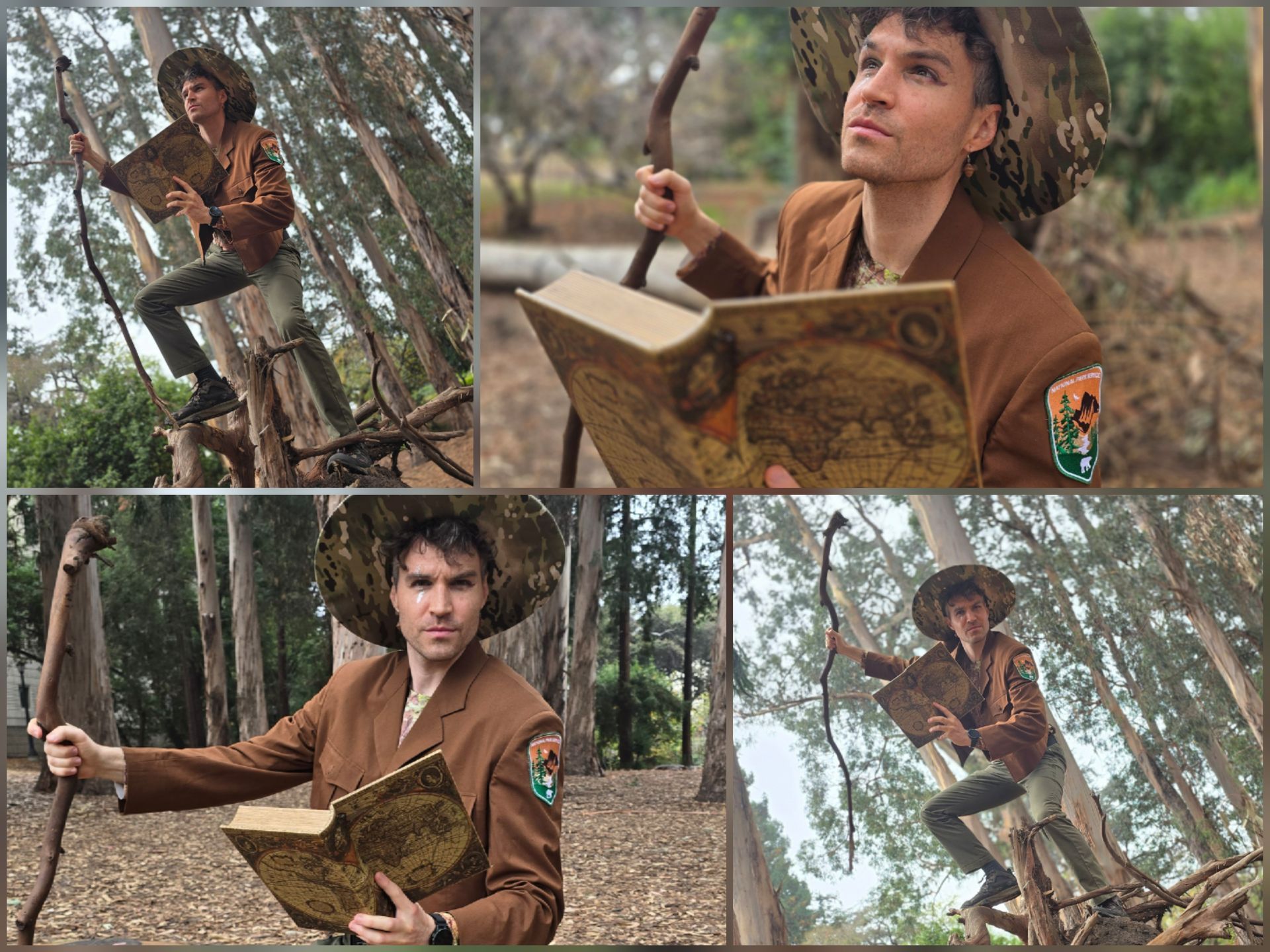 Man in brown outfit, reading a book in a forest, holding a staff.