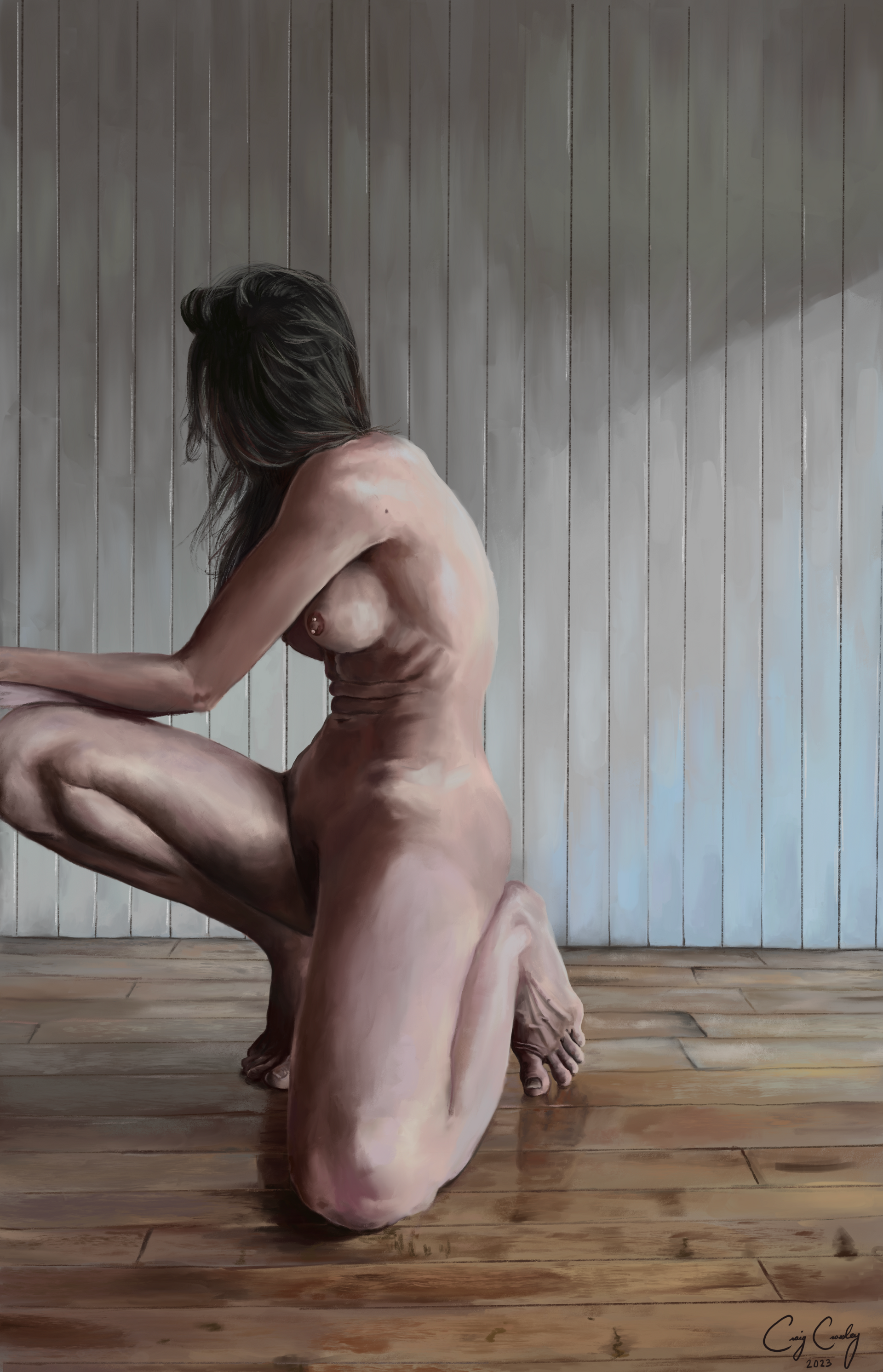 Nude person crouched on wooden floor, back arched. Light from window illuminates body and wall behind.