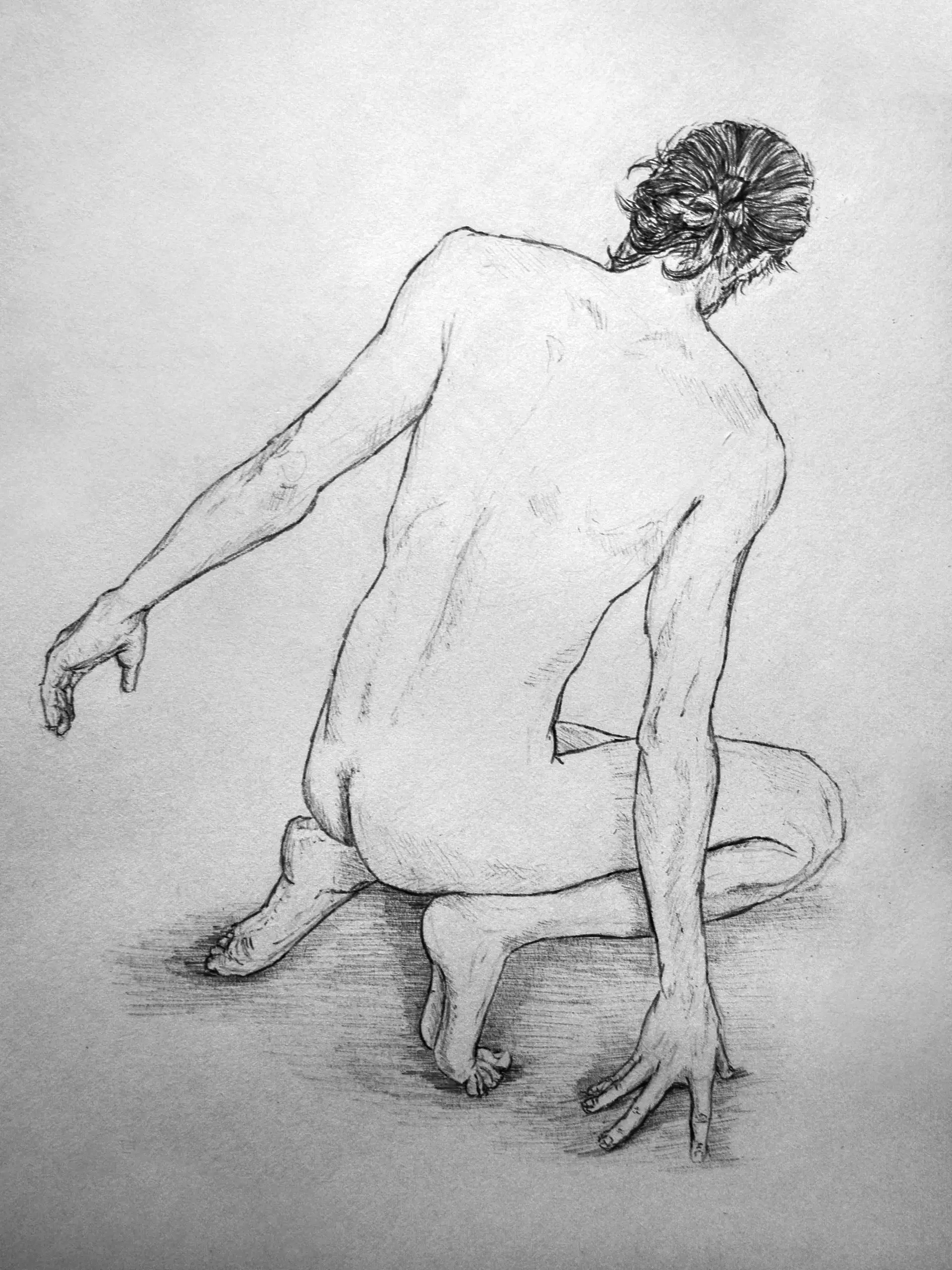 Nude person, seen from the back, crouched with one arm extended. Sketch with minimal shading.