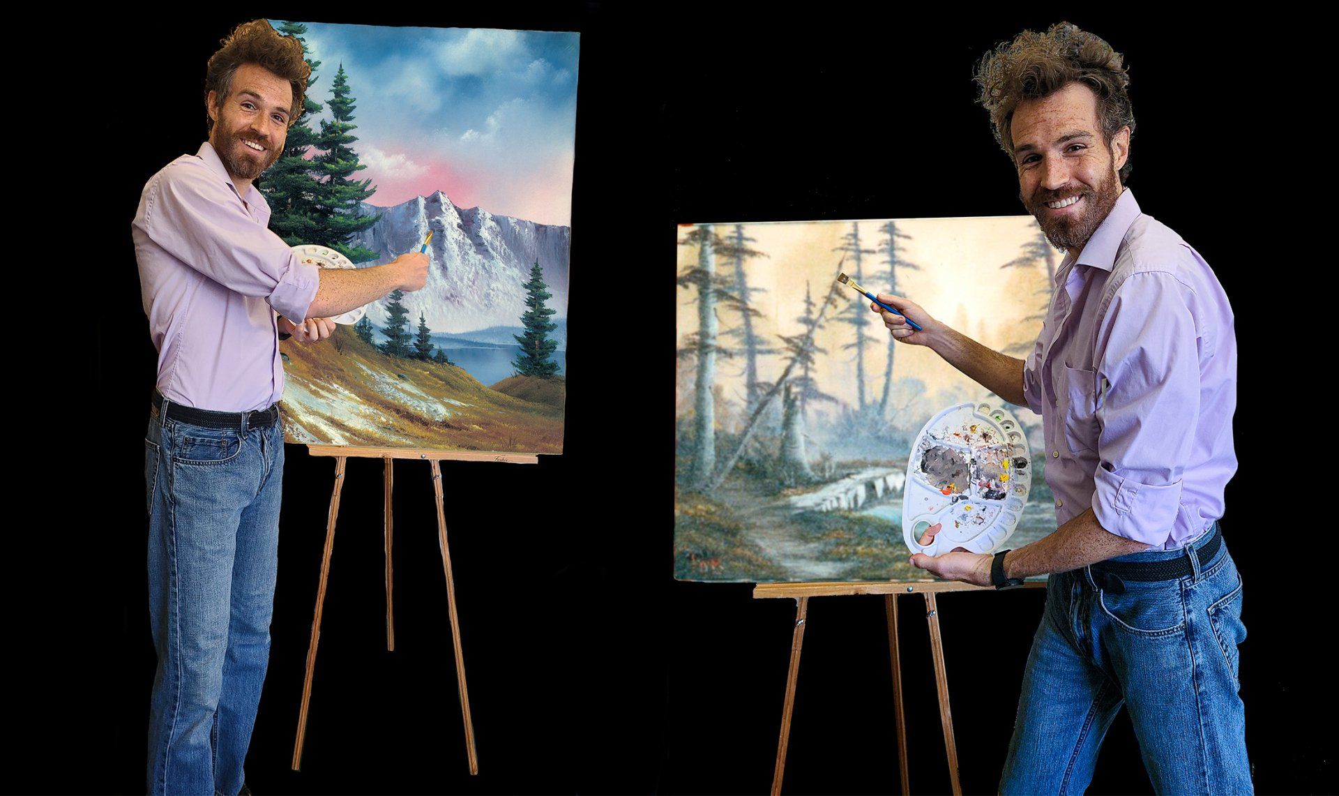 Two paintings on easels with artist; landscape mountains and trees, painter holding brush and palette, smiles.