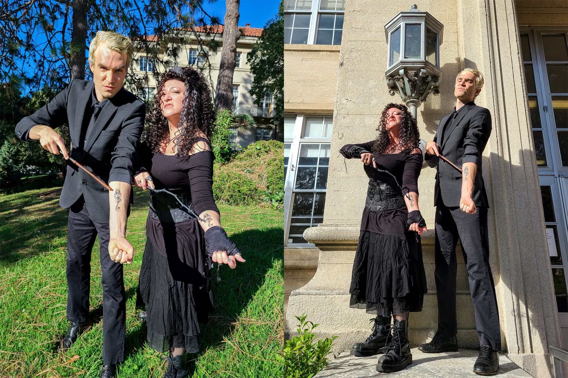 Two people dressed as Harry Potter characters, wand pointing at forearms, outdoors.