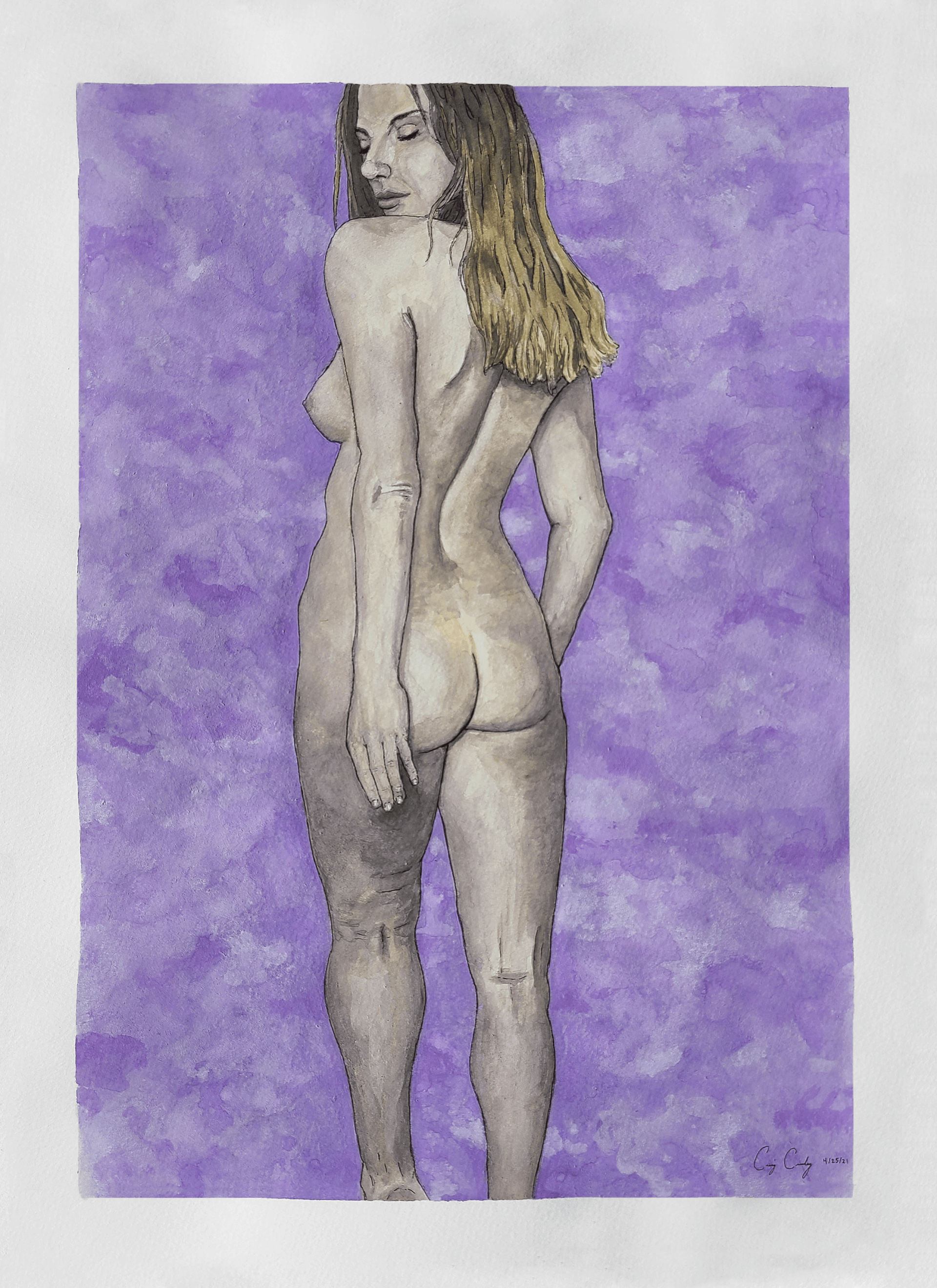 Nude figure, back to viewer, looking over shoulder. Purple background.