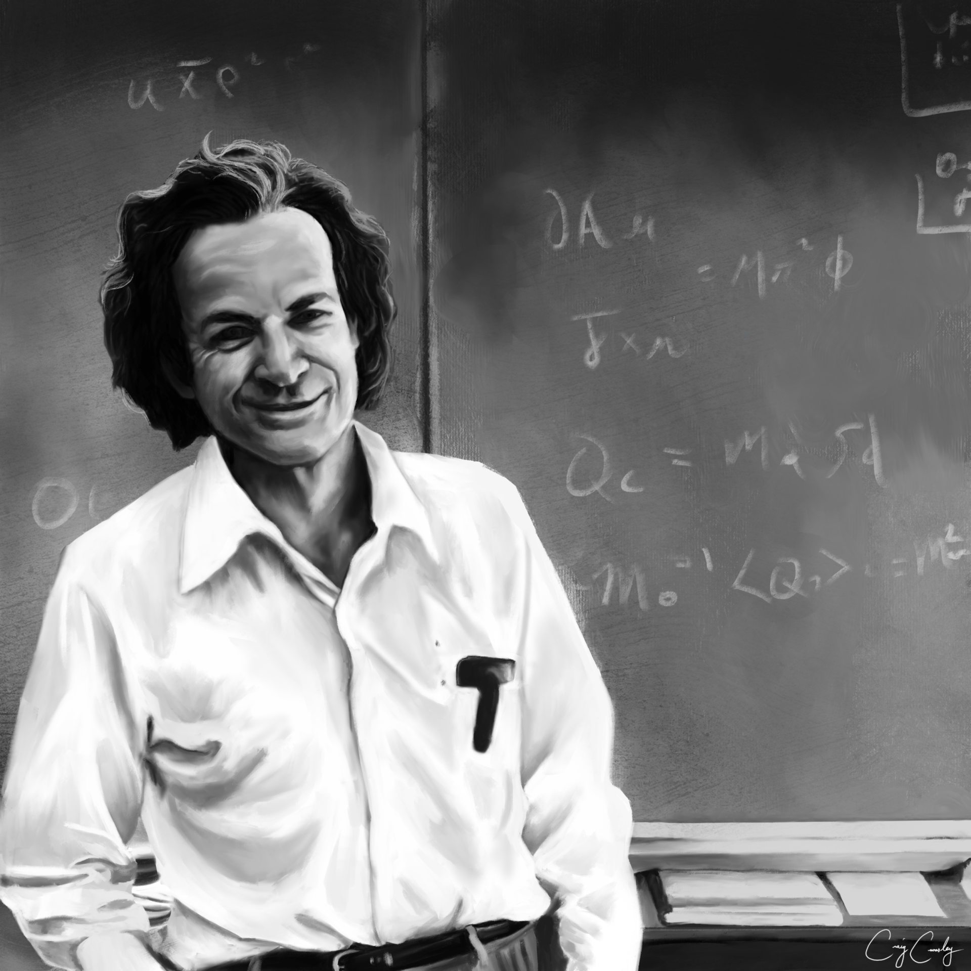Black and white portrait of a man smiling in front of a chalkboard with mathematical equations.