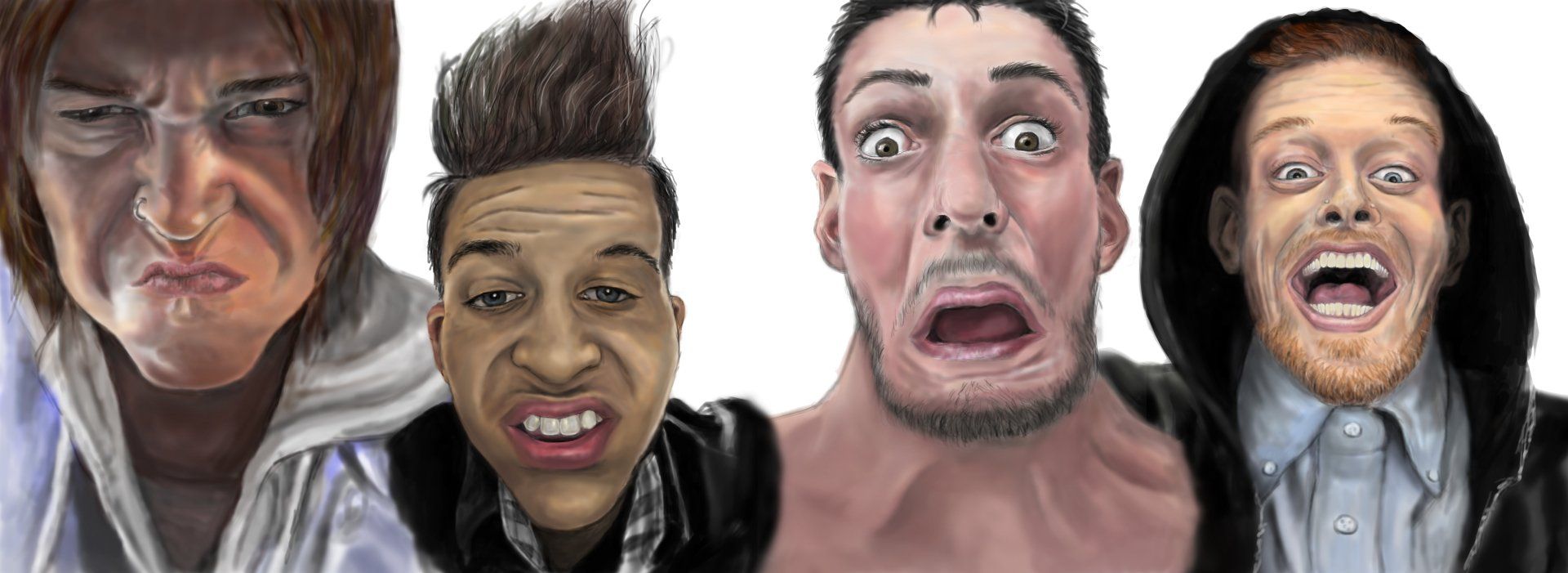 Four people with exaggerated facial expressions, appearing to show disgust, fear, or shock.