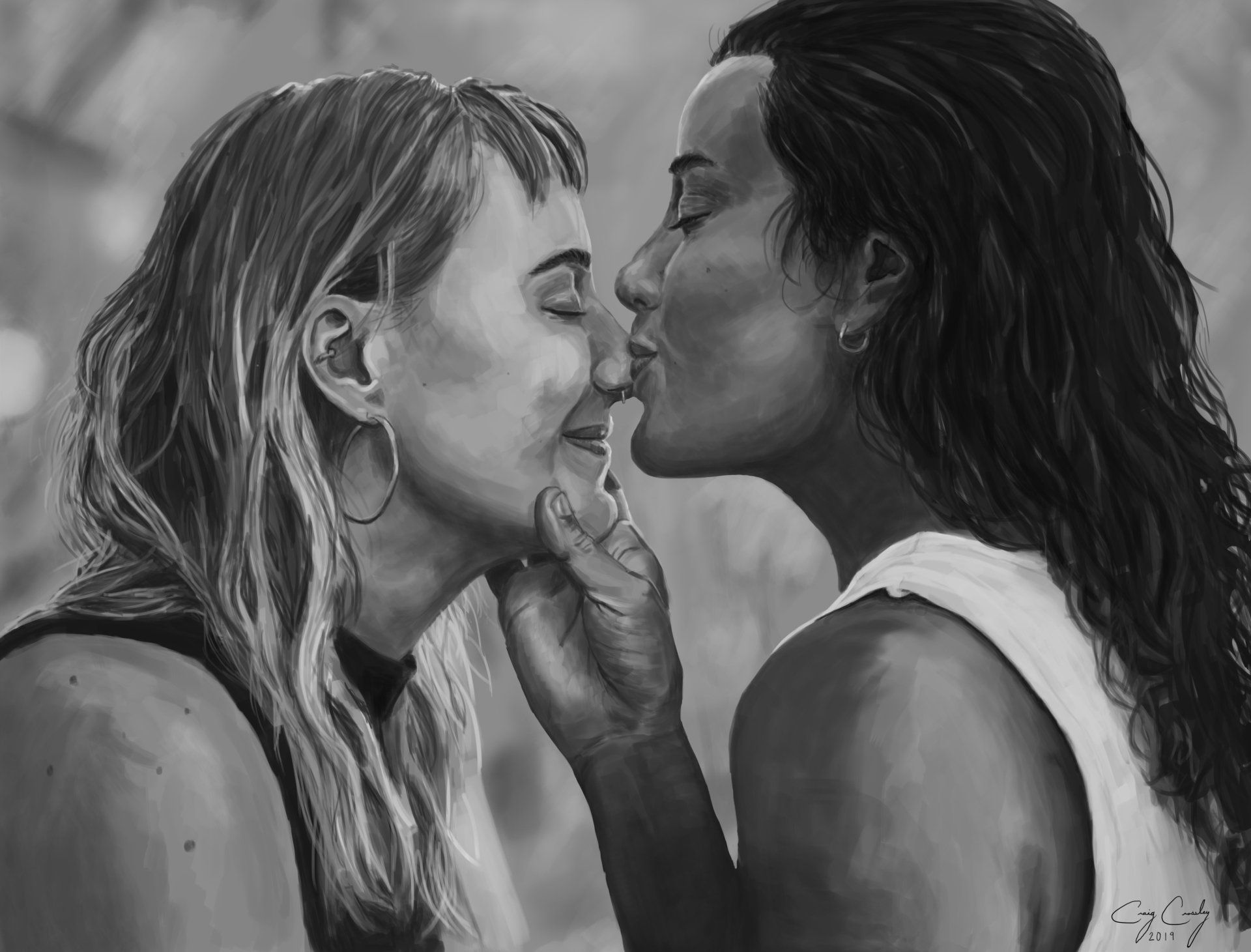 Two people about to kiss, one person touches the other's cheek. Black and white.