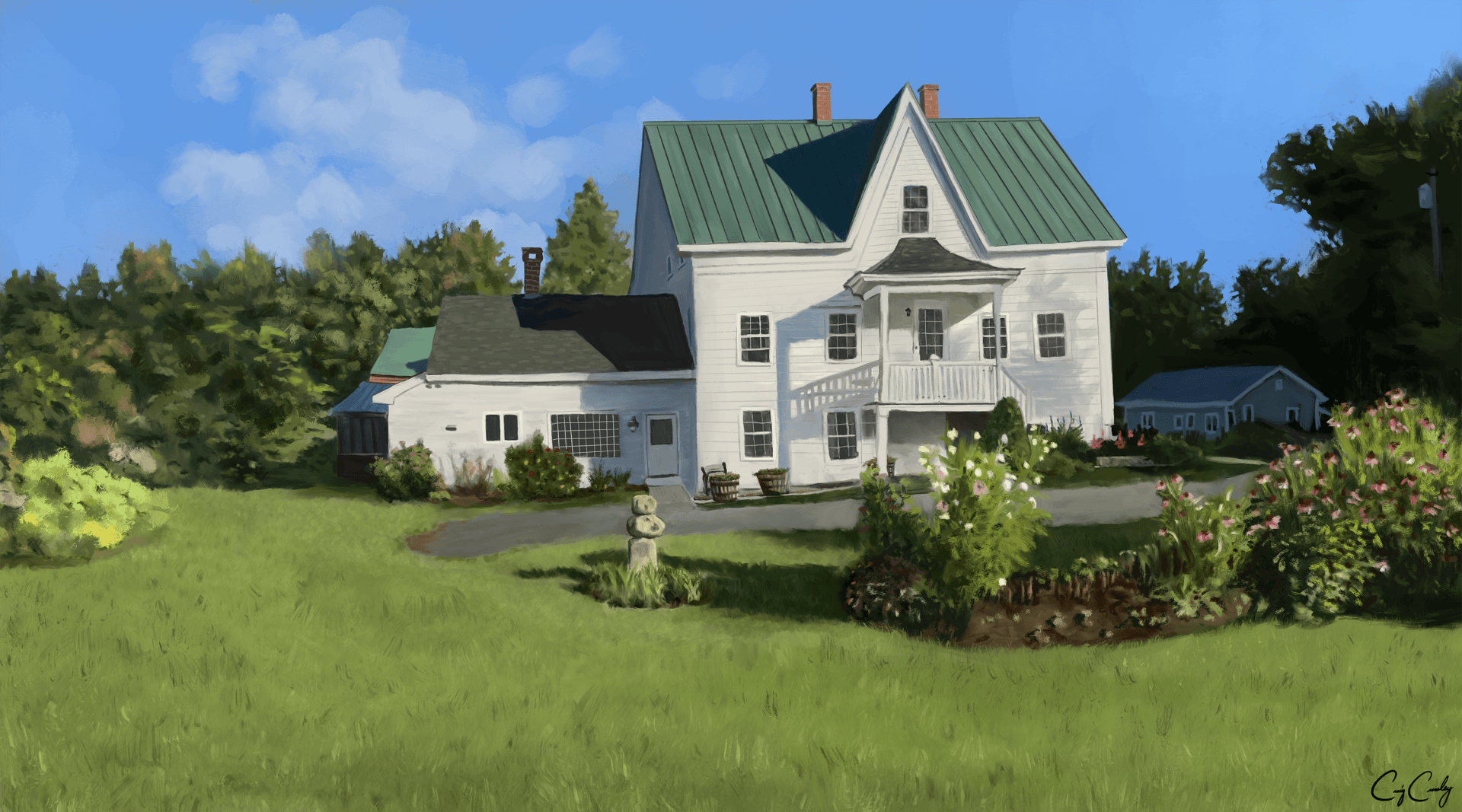 White farmhouse with green roof on a grassy lawn; trees and bushes surround the house; sunny day.
