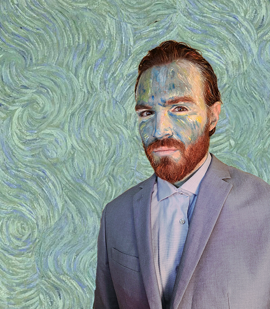 Man with face painted in swirls against a textured blue background, wearing a suit.
