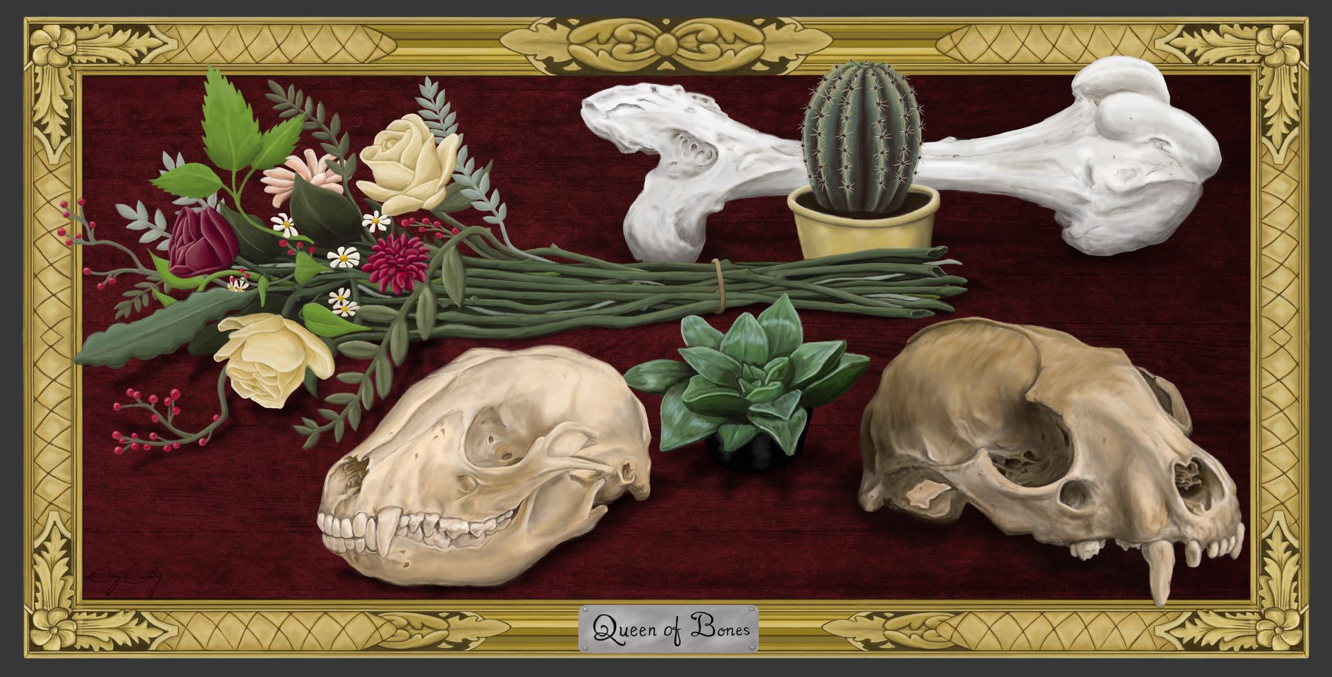 Still life: animal skulls, bone, bouquet, cactus, greenery on a red velvet backdrop, in a gold-framed portrait.