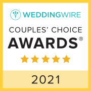 WeddingWire Couples' Choice Award badge, yellow and white, with 5 gold stars,