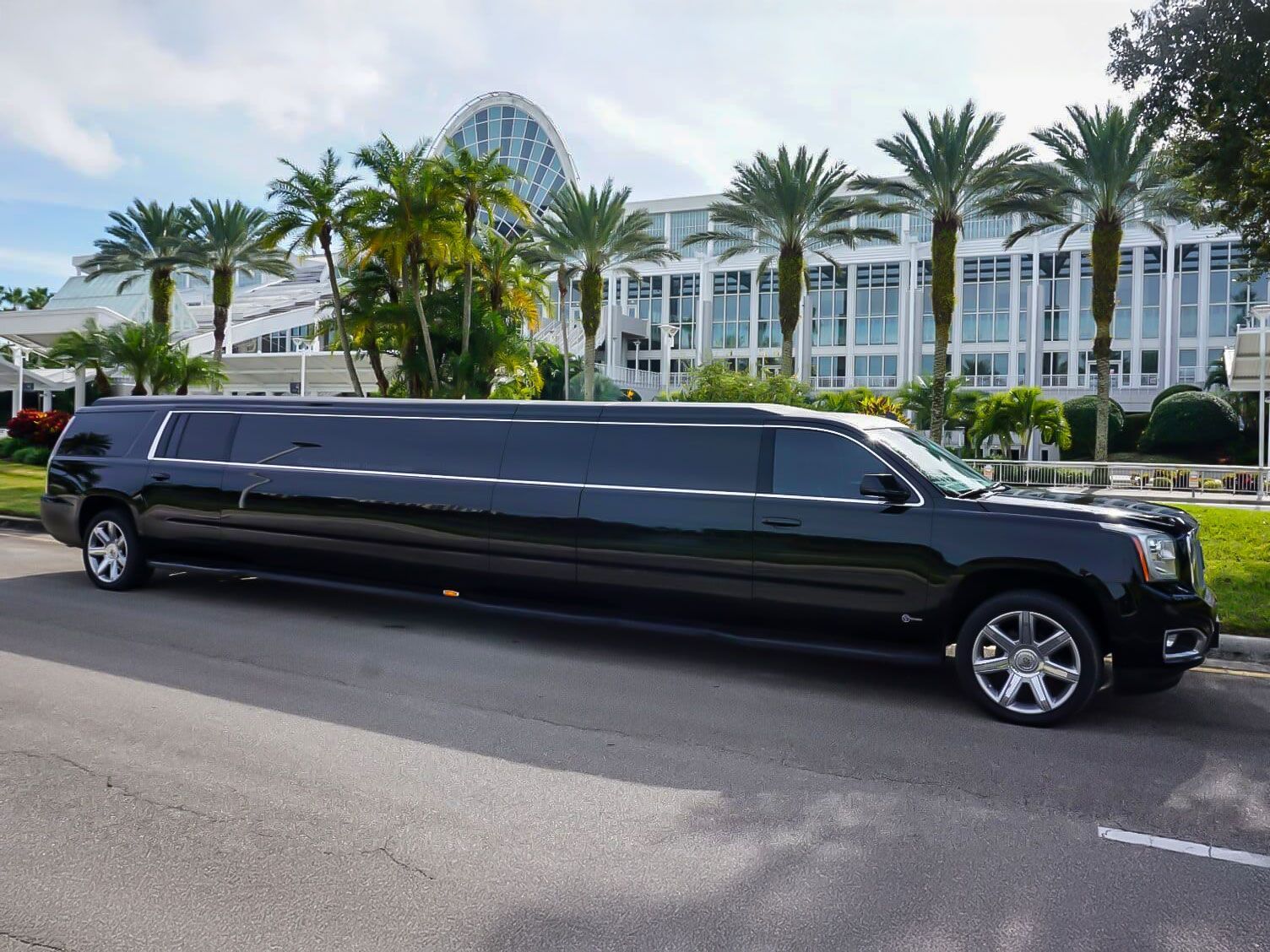 A long, black stretch limousine parked on a road in front of a white building with palm trees and a Ferris wheel.