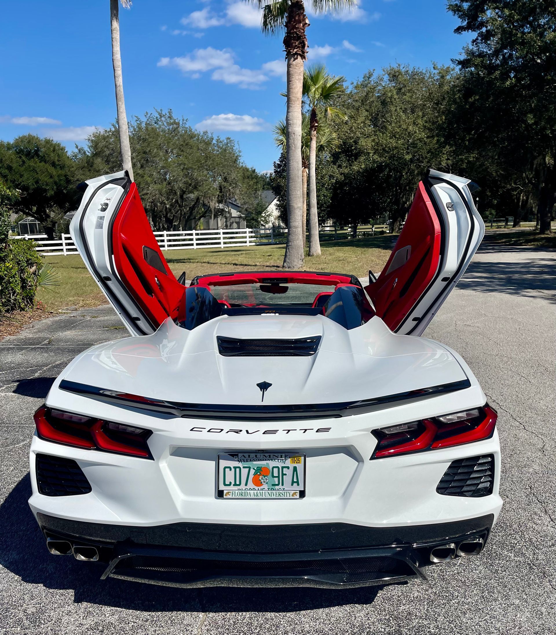 A white Chevrolet Corvette with its doors open, parked on a gravel driveway near palm trees under a blue sky.