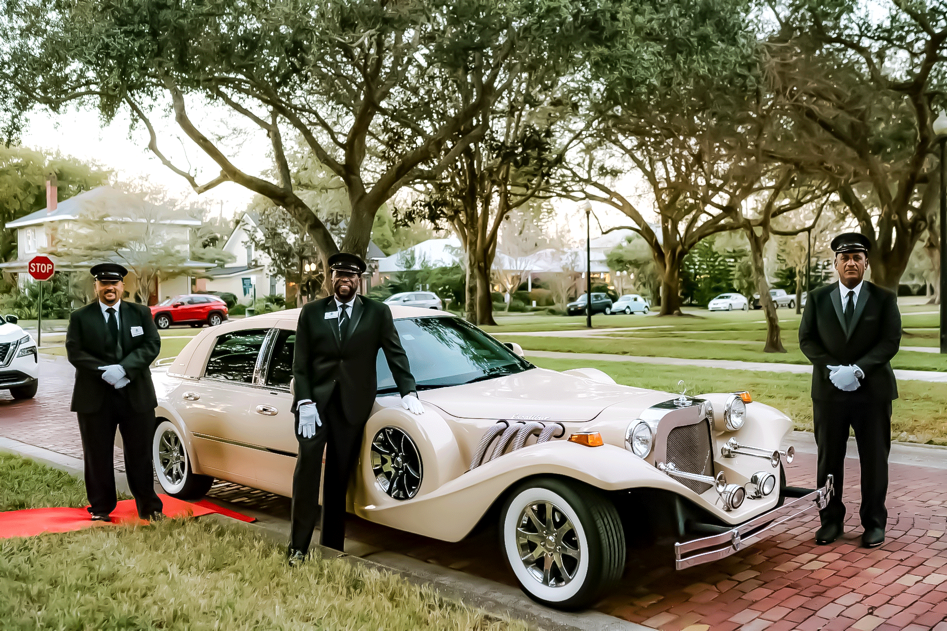Three chauffeurs in formal suits and caps stand beside a cream-colored vintage-style limousine on a brick-paved path.