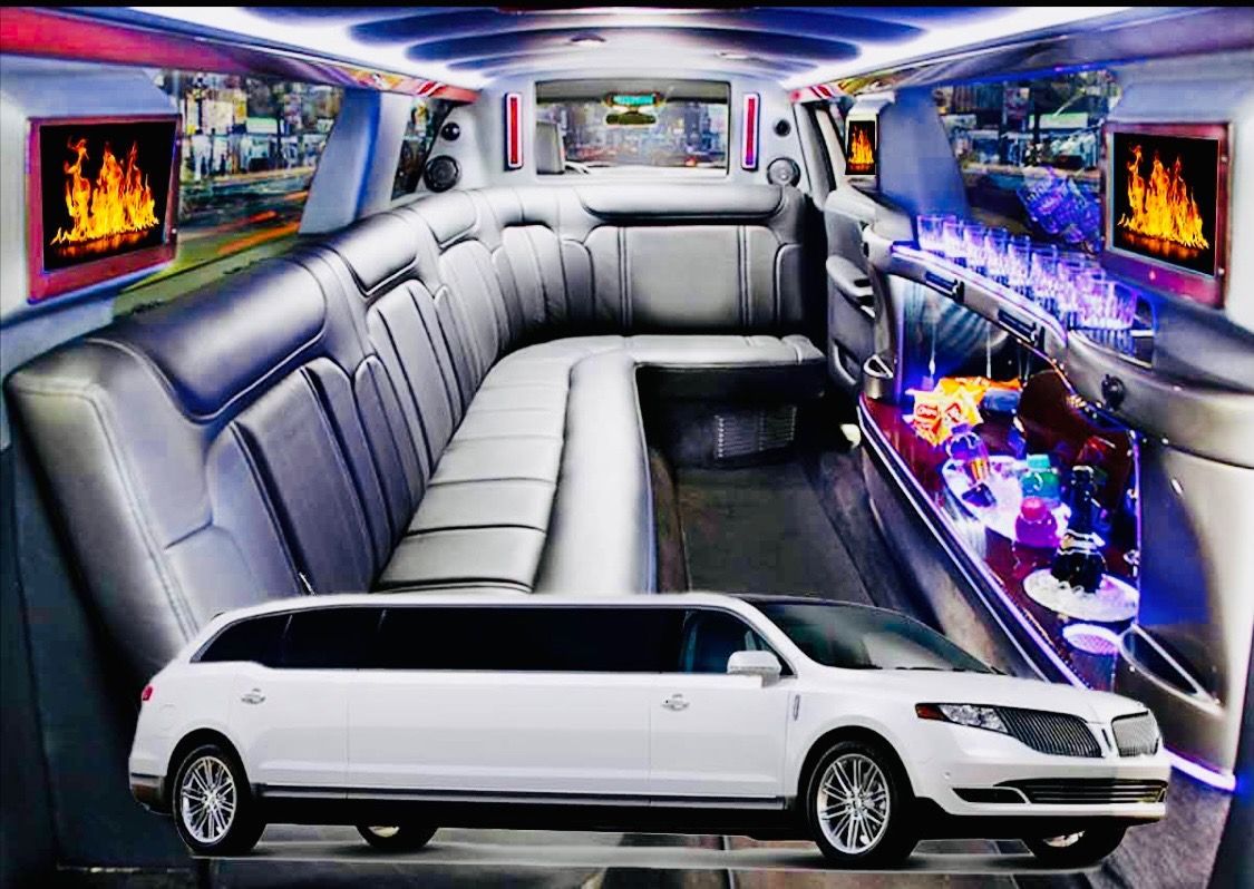 A white stretch limousine superimposed over a view of its own luxurious black leather interior with mood lighting.
