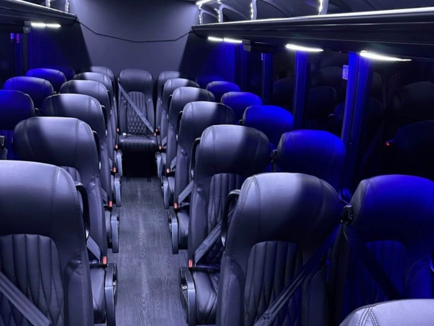 The interior of a luxury bus featuring rows of dark, quilted leather seats and blue ambient lighting.