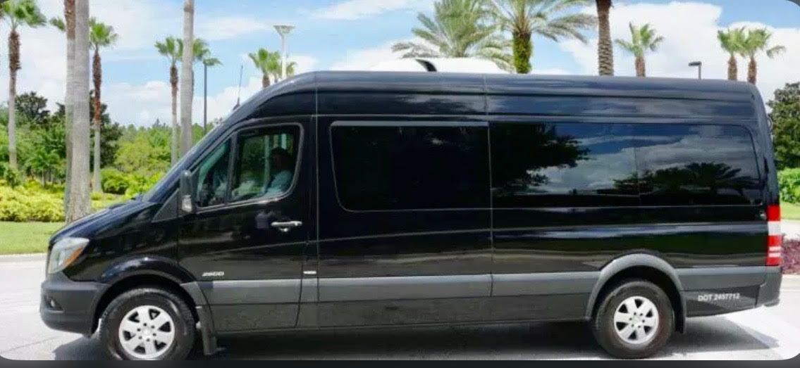 A black Mercedes-Benz Sprinter passenger van parked outdoors with tinted windows and palm trees in the background.