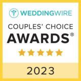 WeddingWire Couples' Choice Awards 2023 badge with five gold stars, in yellow and white, with black text.