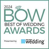 2024 Best of Wedding Awards logo. Turquoise text and diamond ring icon over a white square. Presented by Orlando Wedding.