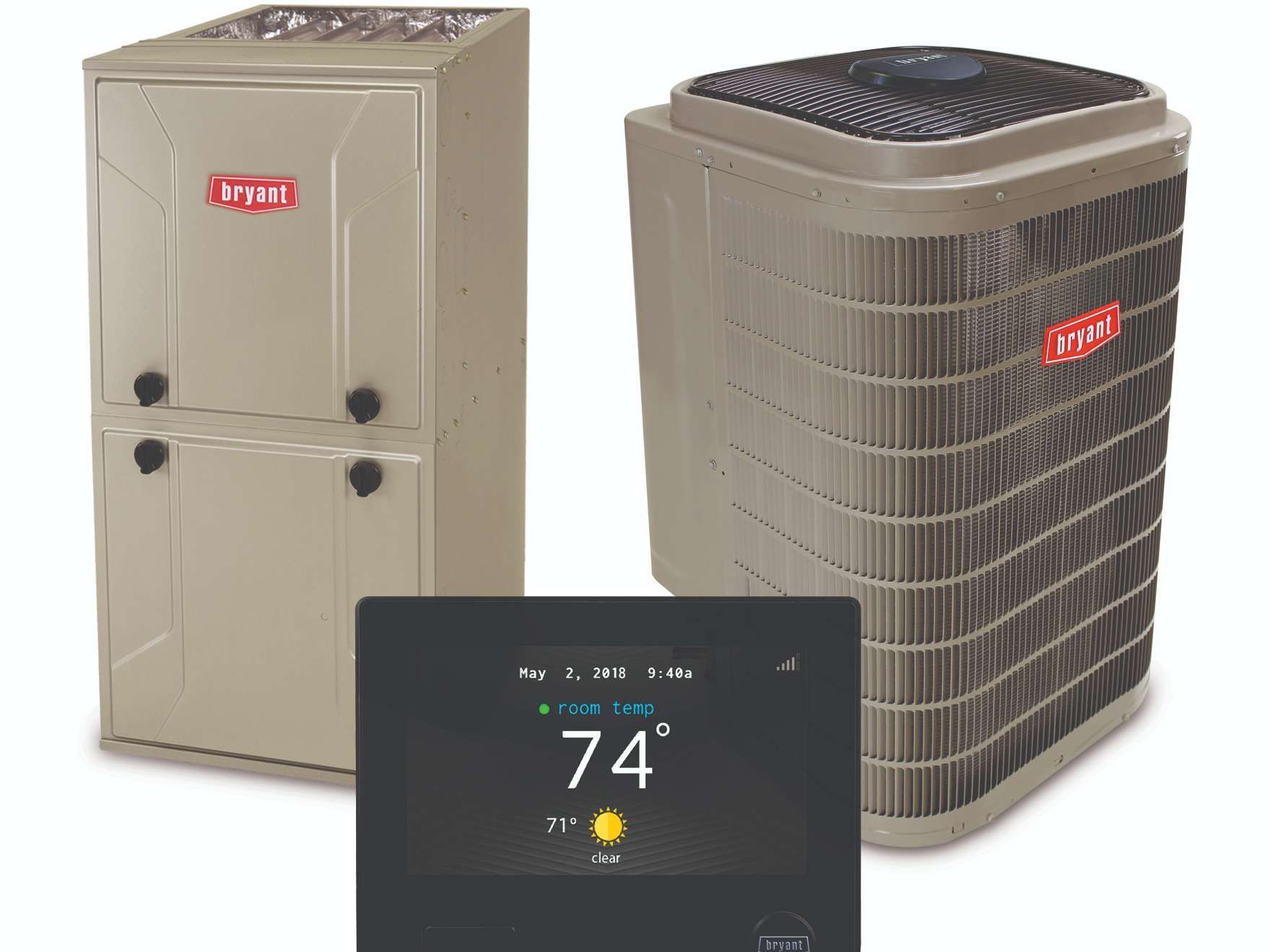House HVAC equipment with thermostat display showing 74°F