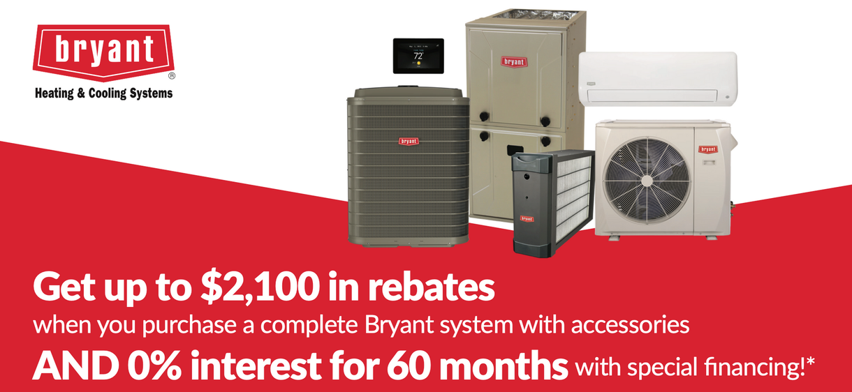 Bryant HVAC ad with red banner, equipment units, and text about $2,100 rebates and 0% interest for 60 months