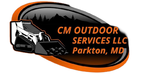 CM Outdoor Services LLC logo with orange and black landscaping equipment graphic, Parkton, MD