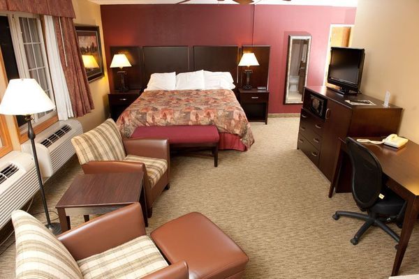 Hotel room with bed, chairs, desk, TV, and lamps in a warm, carpeted interior Hotel room with bed, chairs, desk, TV, and lamps in a warm, carpeted interior