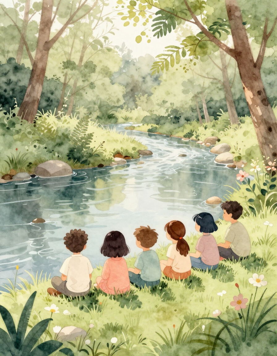 Children of all abilities sitting together by a river