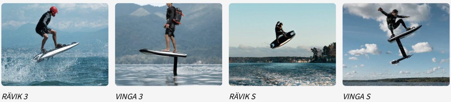Quatre images illustrant des sports nautiques : surf, foil surf, wakeboard et foil surf avec saut.