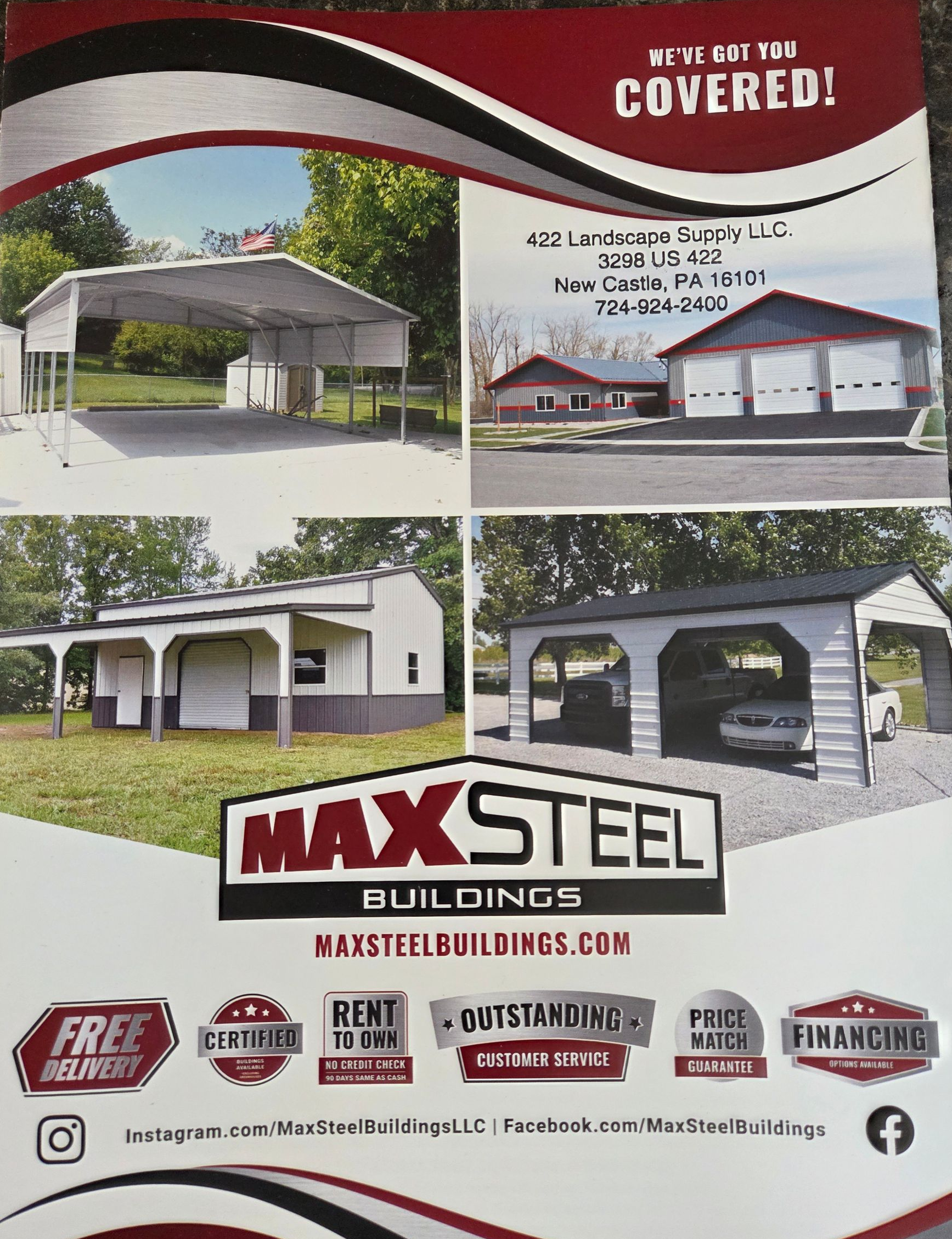 MaxSteel Buildings ad showing covered garages and barns with red-and-white logo and contact icons