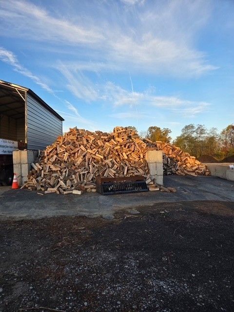 Large piles of split firewood stacked beside a warehouse under a blue sky