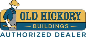Old Hickory Buildings authorized dealer logo with a worker in a yellow hard hat and blue shirt