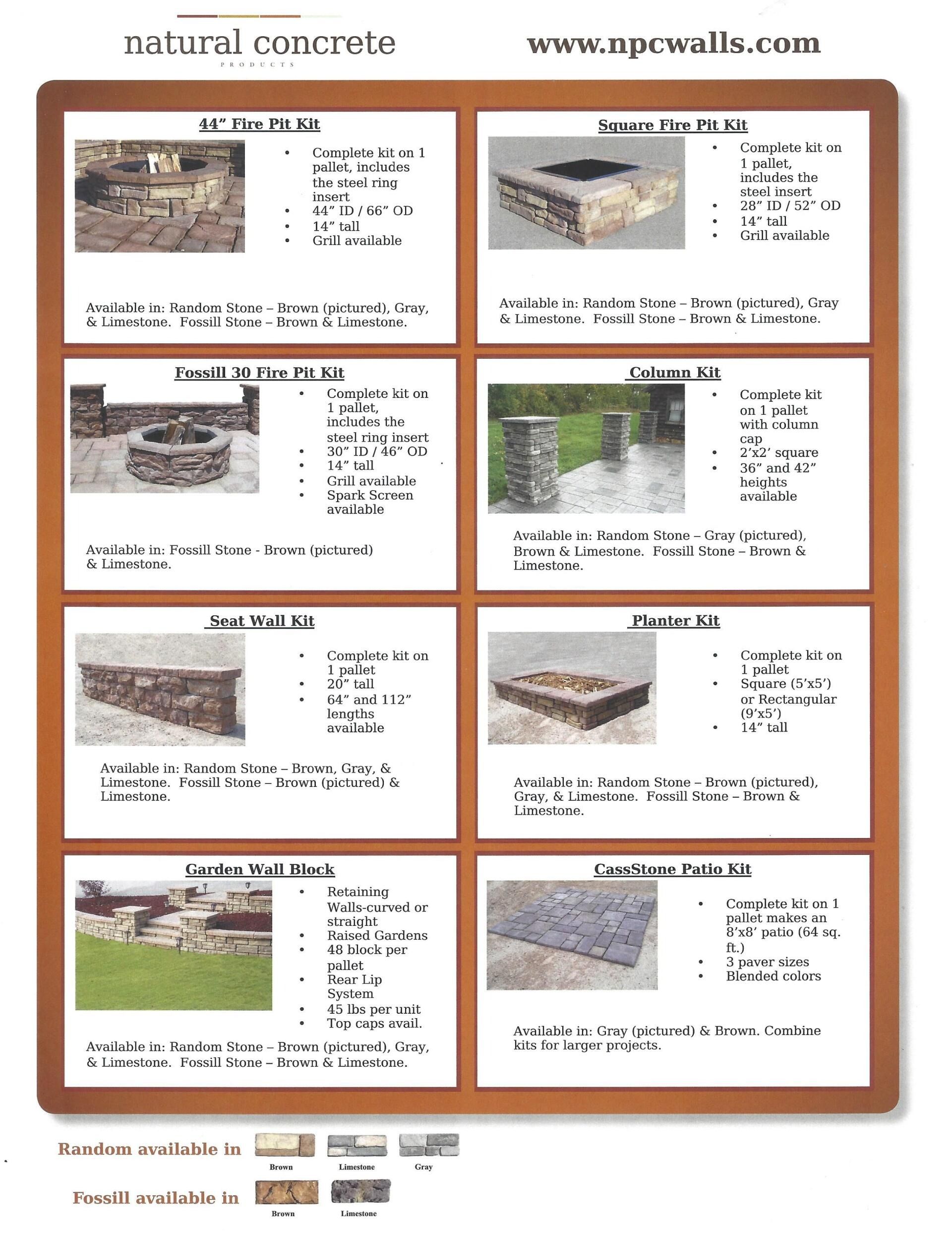 Brochure page showing eight natural concrete finish samples with small photos and descriptions