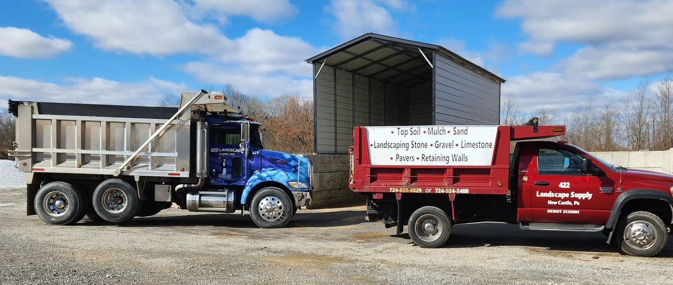 Blue and red dump trucks parked side by side in a gravel lot under a cloudy sky