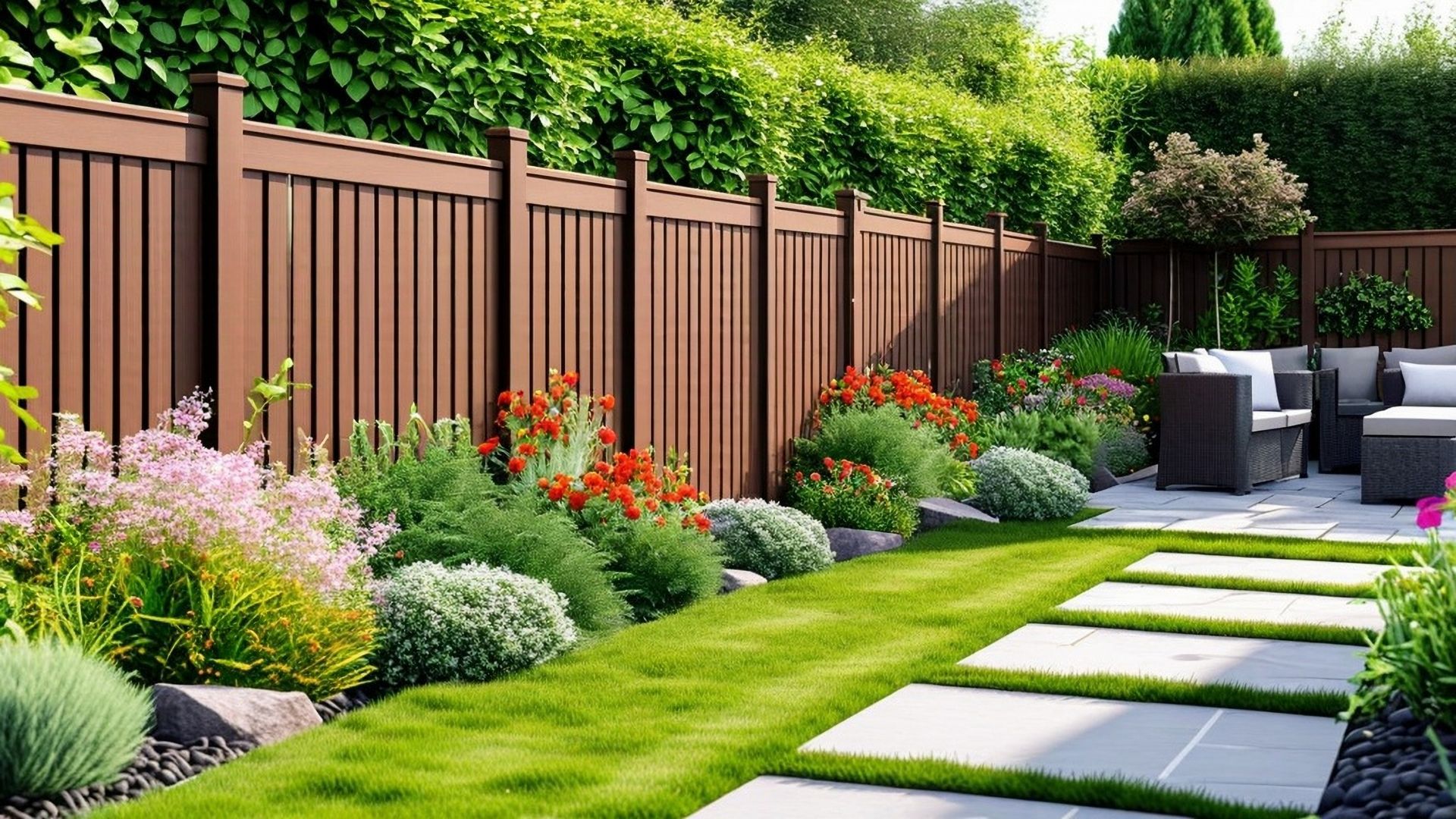 Landscaped backyard with green lawn, stepping stones, flowers, wooden fence, and patio seating