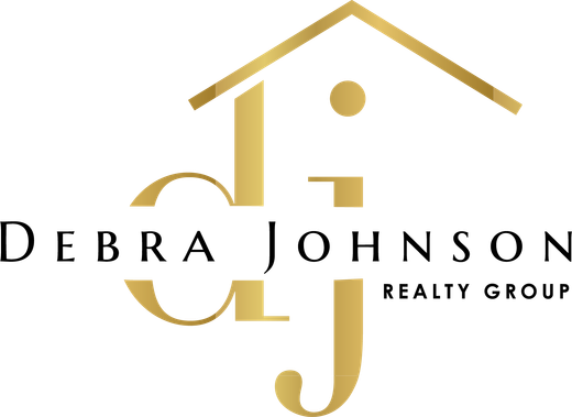 Logo for Debra Johnson Realty Group, featuring a green roof house over the letters