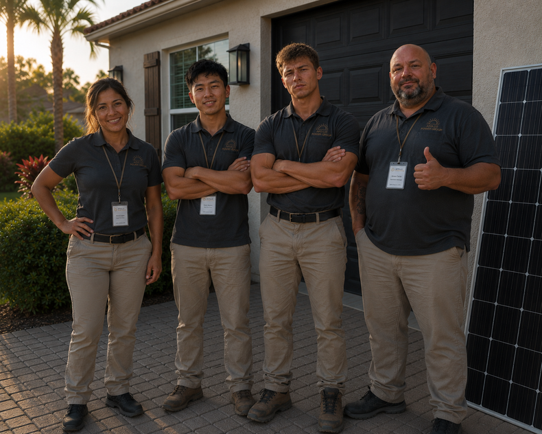 Four people in matching dark shirts and khaki pants stand outdoors in front of a building, smiling.