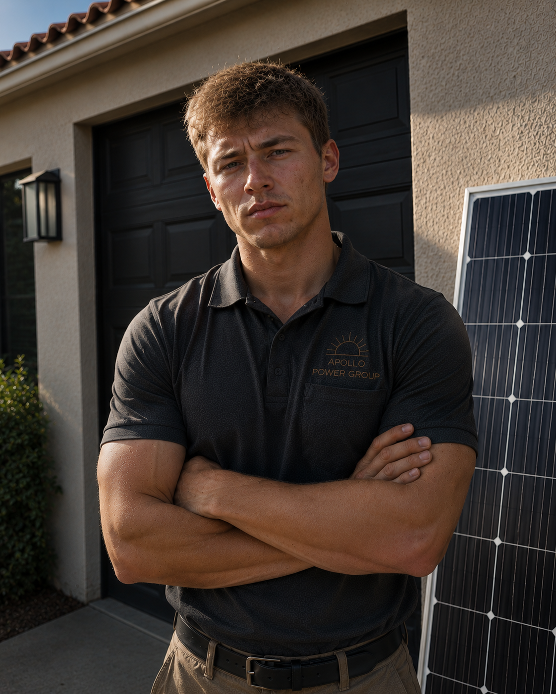 Man standing with arms crossed beside a solar panel outside a garage