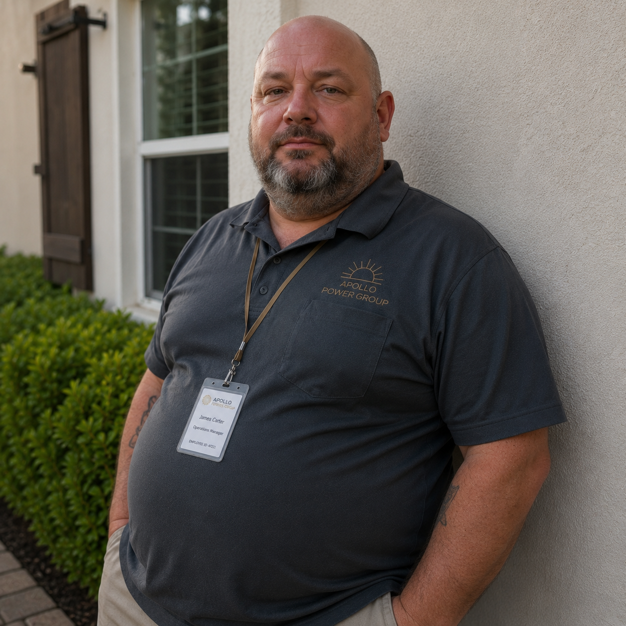 Man in dark polo shirt with lanyard leans against a wall outdoors near a window and shrubs