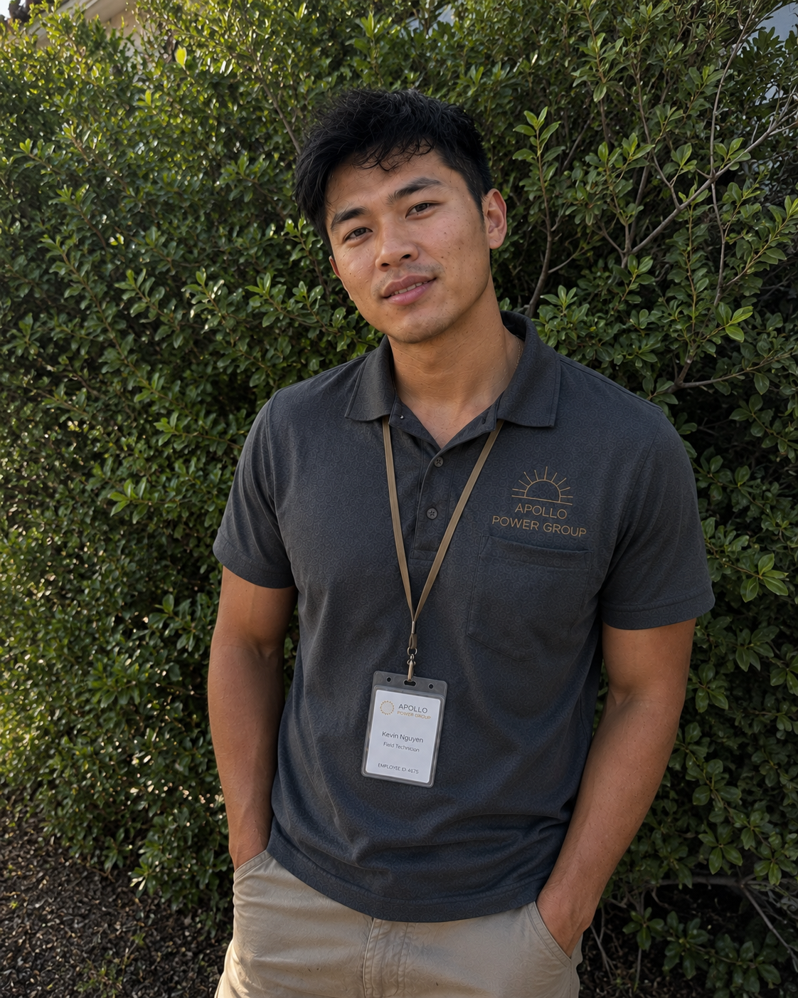 Man standing outdoors in front of green bushes, wearing a dark polo shirt and lanyard.