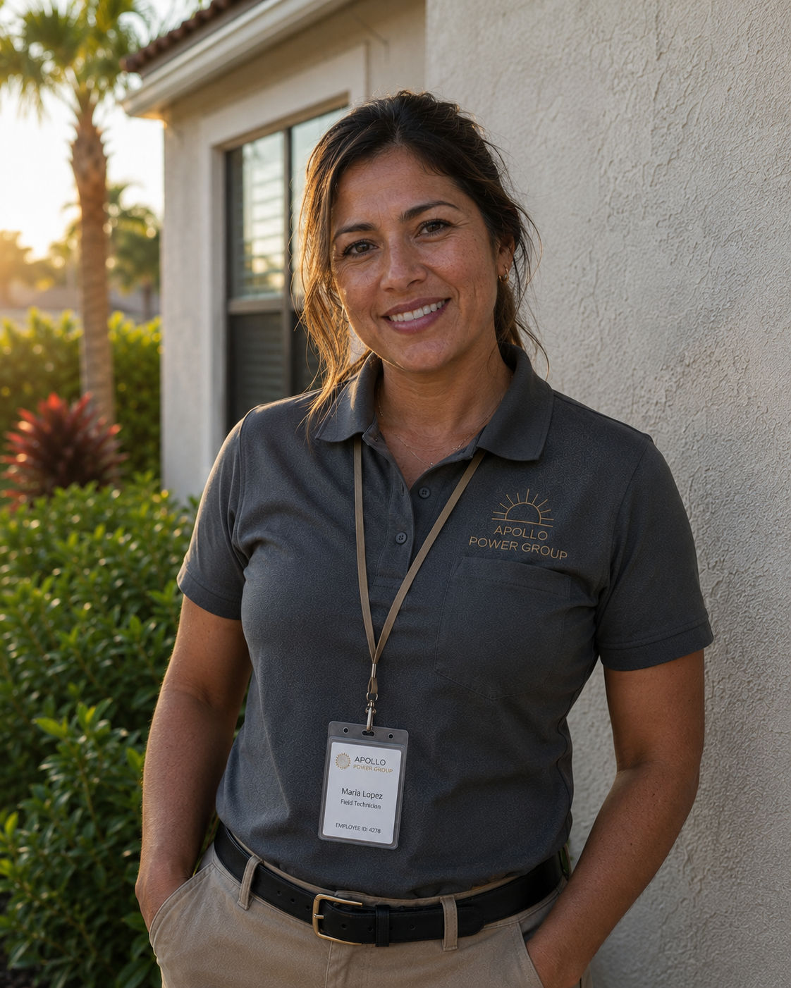 Smiling person in a gray polo with a lanyard standing outdoors beside a building at sunset
